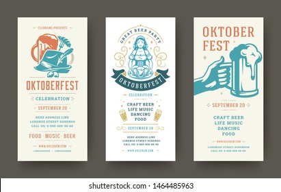 Oktoberfest flyers or banners set vintage typographic design templates vector illustration. Willkommen zum invitations beer festival celebration with symbols and decoration.