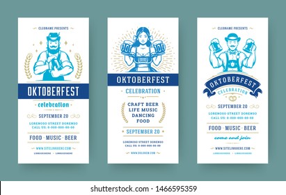 Oktoberfest flyers or banners set vintage typographic design templates vector illustration. Willkommen zum invitations beer festival celebration with symbols and decoration.