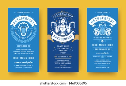 Oktoberfest flyers or banners set vintage typographic design templates vector illustration. Oktoberfest invitations beer festival celebration with symbols and decoration.