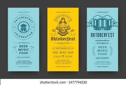 Oktoberfest flyers or banners set vintage typographic design templates vector illustration. Willkommen zum invitations beer festival celebration with symbols and decoration.