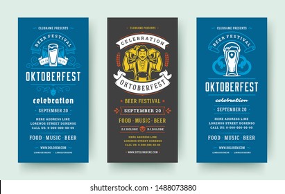 Oktoberfest flyers or banners set vintage typographic design templates vector illustration. Willkommen zum invitations beer festival celebration with symbols and decoration.