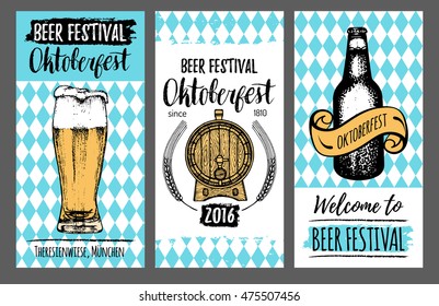 Oktoberfest flyers. Beer festival cards with hand sketched glass, barrel, bottle. Vector vintage brewery posters or banners. Wiesn symbols set.