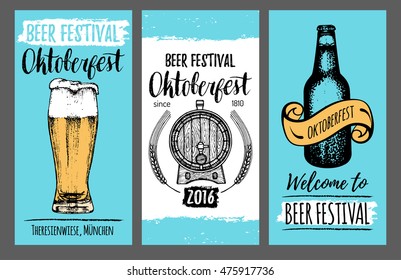 Oktoberfest flyers. Beer festival cards with hand sketched glass, barrel, bottle. Vector vintage brewery posters or banners. Wiesn symbols set.