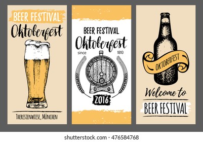 Oktoberfest flyers. Beer festival cards with hand sketched glass, barrel, bottle. Vector vintage brewery posters or banners. Wiesn symbols set.