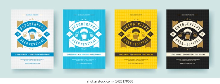 Oktoberfest flyers or posters retro typography vector templates design willkommen zum invitations beer fesival celebration. Beer silhouette.