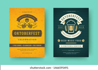 Oktoberfest flyers or posters retro typography emplates willkommen zum invitations beer festival celebration vector illustration. Beer mug symbol and decoration.