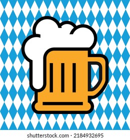 Oktoberfest. Ein Schaumstoffkrug aus Bier. Bier auf dem Hintergrund der bayerischen Flagge von blauen und weißen Diamanten. Vektorgrafik für Design und Web.