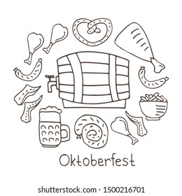 Oktoberfest food, bavarian pretzel and sausages, beer mug and bottle, chicken grill and fish, sauerkraut. October beer festival in the Munich, Germany. Vector illustration. Doodle style.