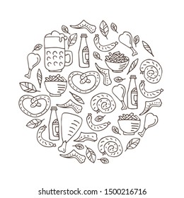 Oktoberfest food, bavarian pretzel and sausages, beer mug and bottle, chicken grill and fish, sauerkraut. October beer festival in the Munich, Germany. Vector illustration. Doodle style.