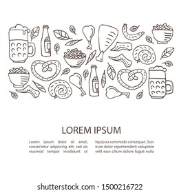 Oktoberfest food, bavarian pretzel and sausages, beer mug and bottle, chicken grill and fish, sauerkraut. October beer festival in the Munich, Germany. Vector illustration. Doodle style.