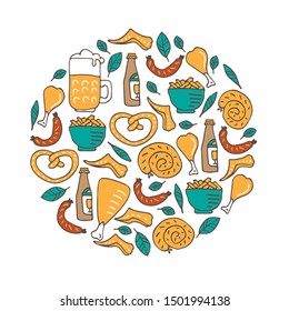 Oktoberfest food, bavarian pretzel and sausages, beer mug and bottle, chicken grill, fish, sauerkraut. October beer festival in the Munich, Germany. Vector illustration. Doodle style.