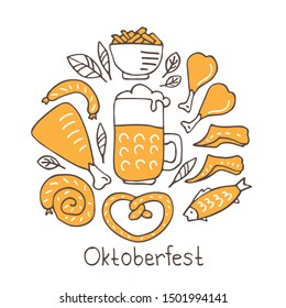 Oktoberfest food, bavarian pretzel and sausages, beer mug and bottle, chicken grill, fish, sauerkraut. October beer festival in the Munich, Germany. Vector illustration. Doodle style.