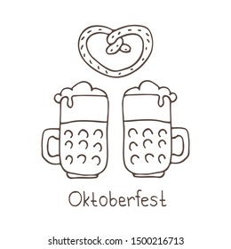 Oktoberfest food, bavarian pretzel and  two beer mugs on white background, sauerkraut. October beer festival in the Munich, Germany. Vector illustration. Design for flyer, leaflet or poster.