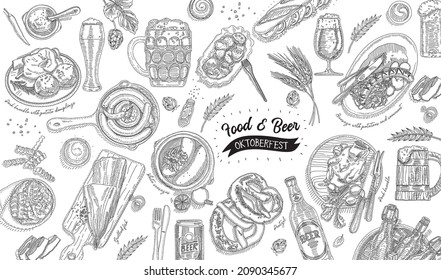 Oktoberfest. Food and beer. The frame with the diverse dishes and the beer glasses for the beer fest Illustration.