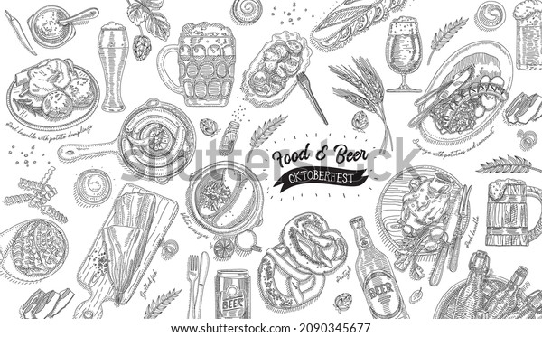 Oktoberfest. Food\
and beer. The frame with the diverse dishes and the beer glasses\
for the beer fest\
Illustration.
