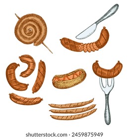 Comida Oktoberfest. Ilustración vectorial de merienda para cerveza salchichas asadas a la parrilla, salami, hot dog. Menú Pub.