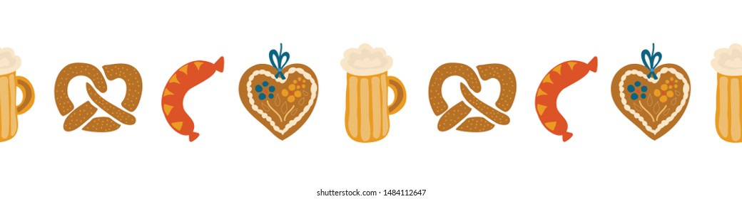 Oktoberfest food seamless border vector illustration. Beer festival party repeating banner. Beer glass, sausage, Gingerbread heart, pretzels. For invitation, flyer, poster, card