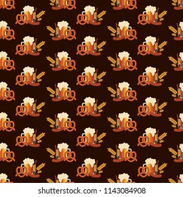 Oktoberfest Food Seamless Pattern - Beer, barley, pretzel, and sausage on brown background