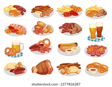 Oktoberfest Food Served on Plate and Beer in Mug Big Vector Set