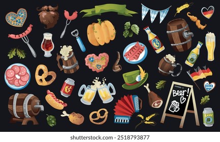 Oktoberfest food and symbols collection. Beer, hat, meat, flag, hot dog, sausages, pumpkin etc. Vector icons on a dark background