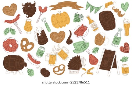 Oktoberfest food and symbols collection. Beer, hat, meat, flag, hot dog, sausages, pumpkin etc. Vector colored icons with outline on white background