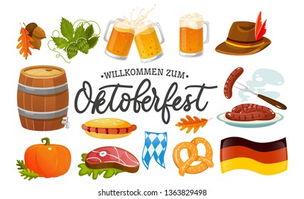 Oktoberfest food and symbols collection. Vector Oktoberfest objects and icons with lettering inscription Welcome to Oktoberfest. Beer, hat, meat, flag, hot dog, sausages, pumpkin etc.