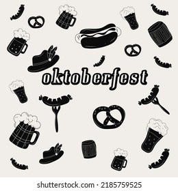 Oktoberfest food and symbols collection. Vector Oktoberfest objects and icons with lettering  Oktoberfest. Beer, hat, meat, , hot dog, sausages, etc. All elements are isolated. Vector