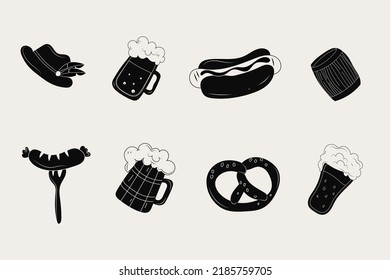 Oktoberfest food and symbols collection. Vector Oktoberfest objects and icons . Beer, hat, meat, , hot dog, sausages,  etc. All elements are isolated. Vector