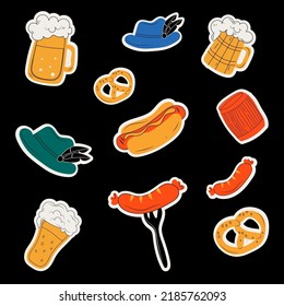 Oktoberfest food and symbols collection. Vector Oktoberfest objects and icons . Beer, hat, meat, , hot dog, sausages, etc. All elements are isolated. Vector