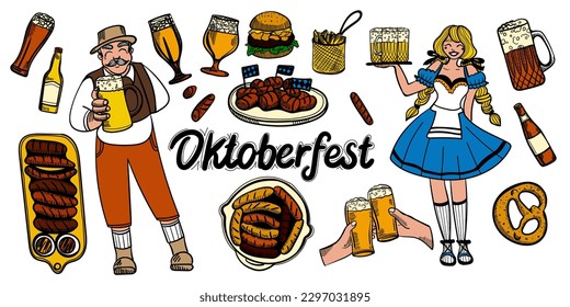 Oktoberfest food and symbols collection. Vector Oktoberfest objects and icons with lettering inscription Welcome to Oktoberfest. Beer, hat, meat,, hot dog, sausages, etc.