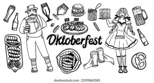 Oktoberfest food and symbols collection. Vector Oktoberfest objects and icons with lettering inscription Welcome to Oktoberfest. Beer, hat, meat,, hot dog, sausages, etc.