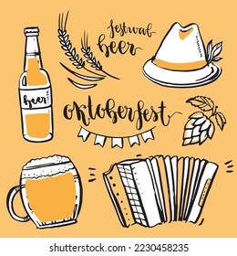 Oktoberfest food and symbols elements collection. Vector Oktoberfest objects and icons with lettering Oktoberfest. Beer, hat, meat, , hot dog, sausages, etc. vector