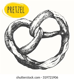 Oktoberfest food. Traditional beer snack. Vector illustration with the sketch pretzel. Pub menu.