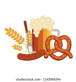 Oktoberfest Foods - Beer, barley, pretzel, and sausage isolated on white background