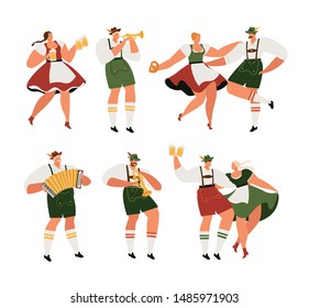 Oktoberfest. Graciosos personajes de caricaturas en trajes folclóricos bávaros de Baviera celebran y se divierten en el festival de cerveza Oktoberfest. Ilustración de vectores planos de concepto de parte.