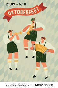 Oktoberfest. Funny cartoon characters in Bavarian folk costumes of Bavaria celebrate and have fun at Oktoberfest beer festival. Party Concept Flat Vector Illustration.