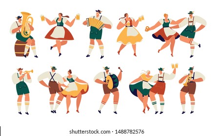 Oktoberfest. Funny cartoon characters in Bavarian folk costumes of Bavaria celebrate and have fun at Oktoberfest beer festival. Party Concept Flat Vector Illustration.