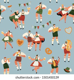 Oktoberfest. Funny cartoon characters in Bavarian folk costumes of Bavaria celebrate and have fun at Oktoberfest beer festival. Party Concept Flat Vector Illustration. Seamless pattern.