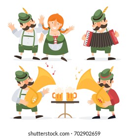 Oktoberfest. Funny cartoon characters in folk costumes of Bavaria celebrate and have fun at Oktoberfest beer festival.