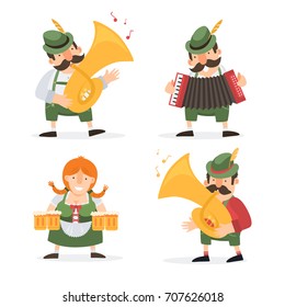 Oktoberfest. Funny cartoon characters and musicians in folk costumes of Bavaria celebrate and have fun at Oktoberfest beer festival. Vector illustration.