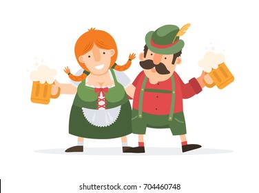 Oktoberfest. Funny cartoon man and women in traditional Bavarian costume celebrate and have fun at Oktoberfest beer festival. Vector illustration.