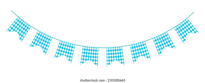 Oktoberfest mit Fahnen in bayerischen Farben. Bejagung für traditionelles deutsches Bierfestival mit blau-weißem Rhombus-Muster. Dekoration für Banner, Karten, Poster. Vektorgrafik