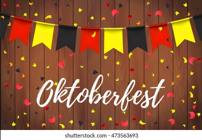 Oktoberfest garlands with german flag color pattern and lettering Oktoberfest with ribbon on a wooden background. Bavarian beer fest background celebrate with beautiful realistic garland. Vector