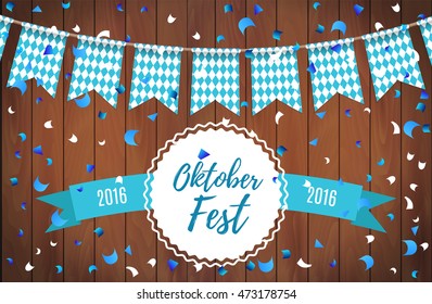 Oktoberfest garlands having blue-white checkered pattern and text Oktoberfest lettering with ribbon on a wooden background. Oktoberfest background celebrate with beautiful realistic garland. Vector