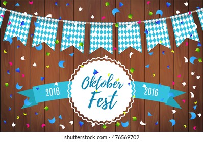 Oktoberfest garlands having blue-white checkered pattern and lettering Oktoberfest with ribbon on a wooden background. Bavarian beer fest background. Vector