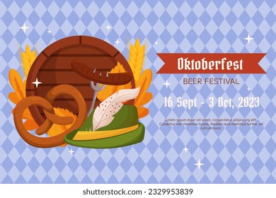 Oktoberfest German beer festival background. Design with Tyrolean hat, fork with grilled sausage, pretzel, wooden barrel, wheat and leaves. Light blue rhombus pattern
