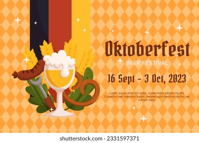 Oktoberfest German beer festival background. Design with glass of beer, fork with grilled sausage, pretzel, wheat and leaves, Germany color flag. Light orange rhombus pattern