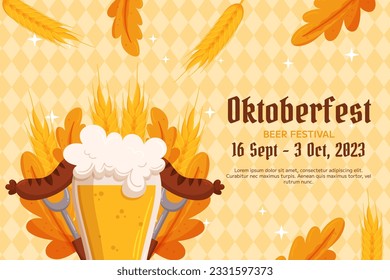Oktoberfest German beer festival background. Design with glass of beer, forks with grilled sausage, wheat and leaves. Light yellow rhombus pattern