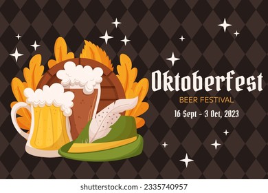 Oktoberfest German beer festival background. Design with glass of light and dark beer, tyrolean hat and leaves. Rhombus pattern on back