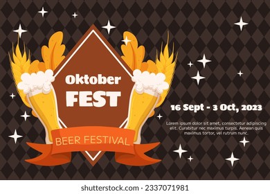 Oktoberfest German beer festival background. Design with glass of beer, wheat and leaves, banner ribbon. Rhombus pattern on back